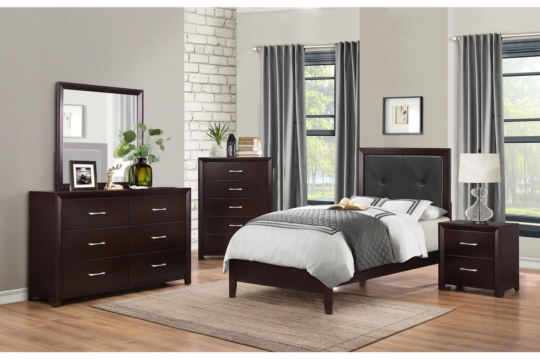Edina Espresso Contemporary Solid Hardwood Faux Leather Upholstered Tufted Platform Bedroom Set - Ella Furniture