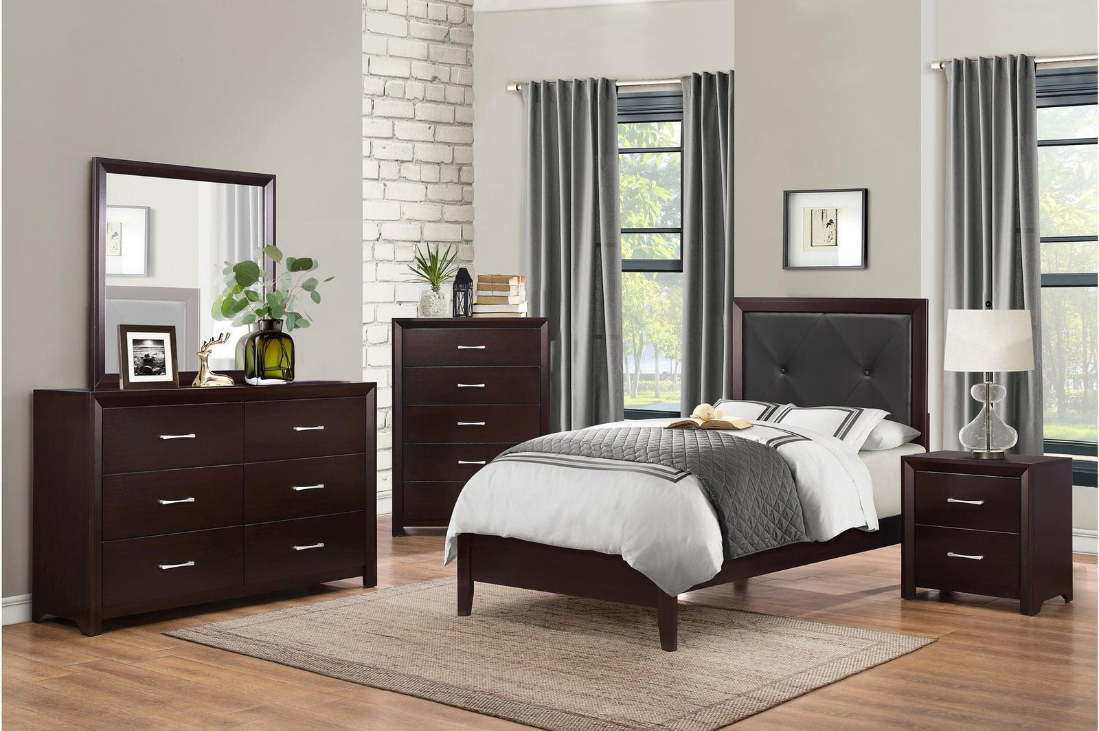 Edina Espresso Faux Veneer Engineered Wood Faux Leather Upholstered Tufted Youth Panel Bedroom Set - Ella Furniture