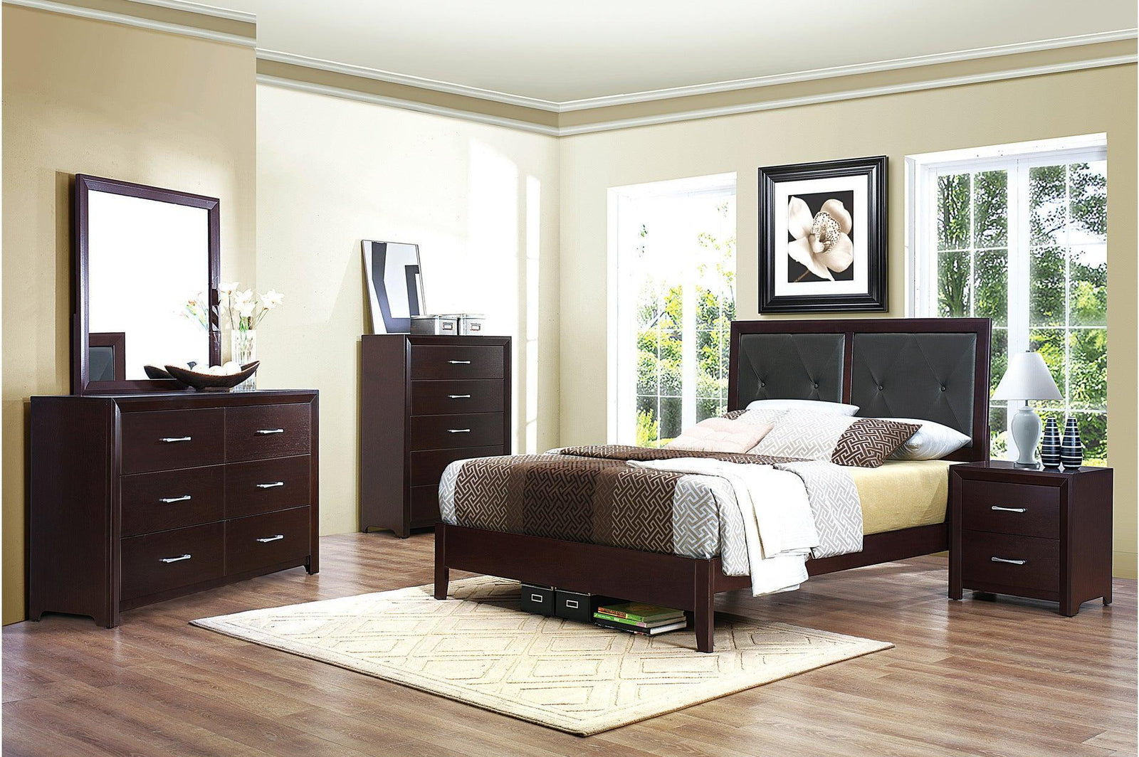 Edina Espresso Contemporary Solid Hardwood Faux Leather Upholstered Tufted Platform Bedroom Set - Ella Furniture