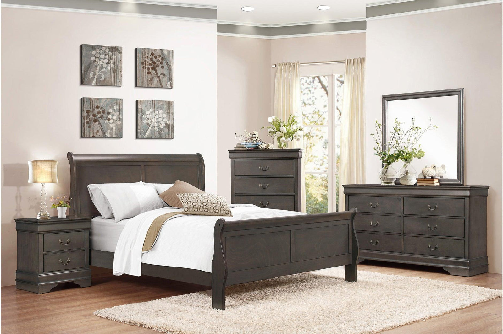 Mayville Stained Gray Modern Traditional Solid Wood Sleigh Bedroom Set - Ella Furniture