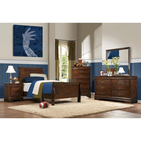 Mayville Brown Cherry Modern Traditional Okume Veneer Wood, Engineered Wood Youth Twin Sleigh Bed - Ella Furniture