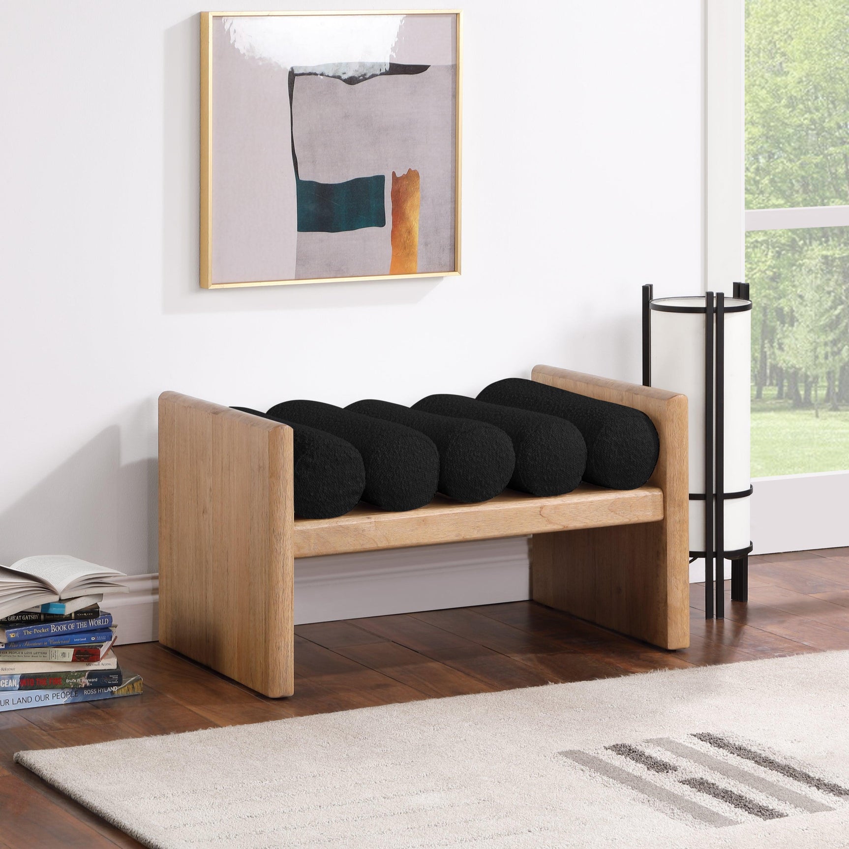 Waverly Black Boucle Fabric Bench 177Black - Ella Furniture
