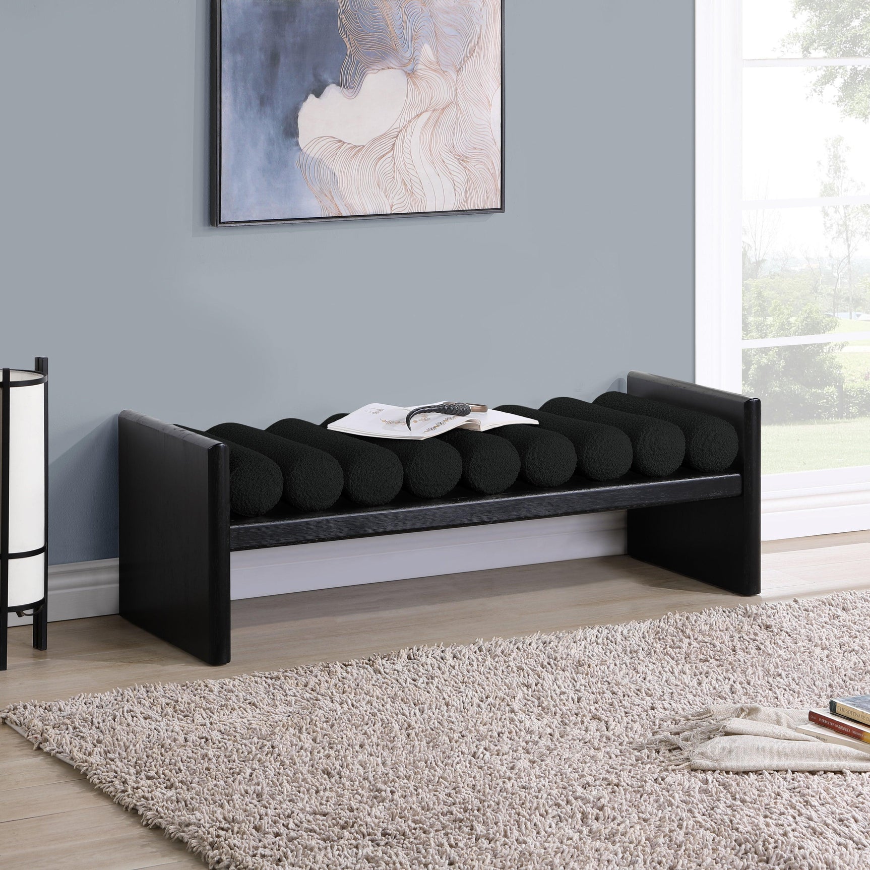 Waverly Black Boucle Fabric Bench 178Black - Ella Furniture