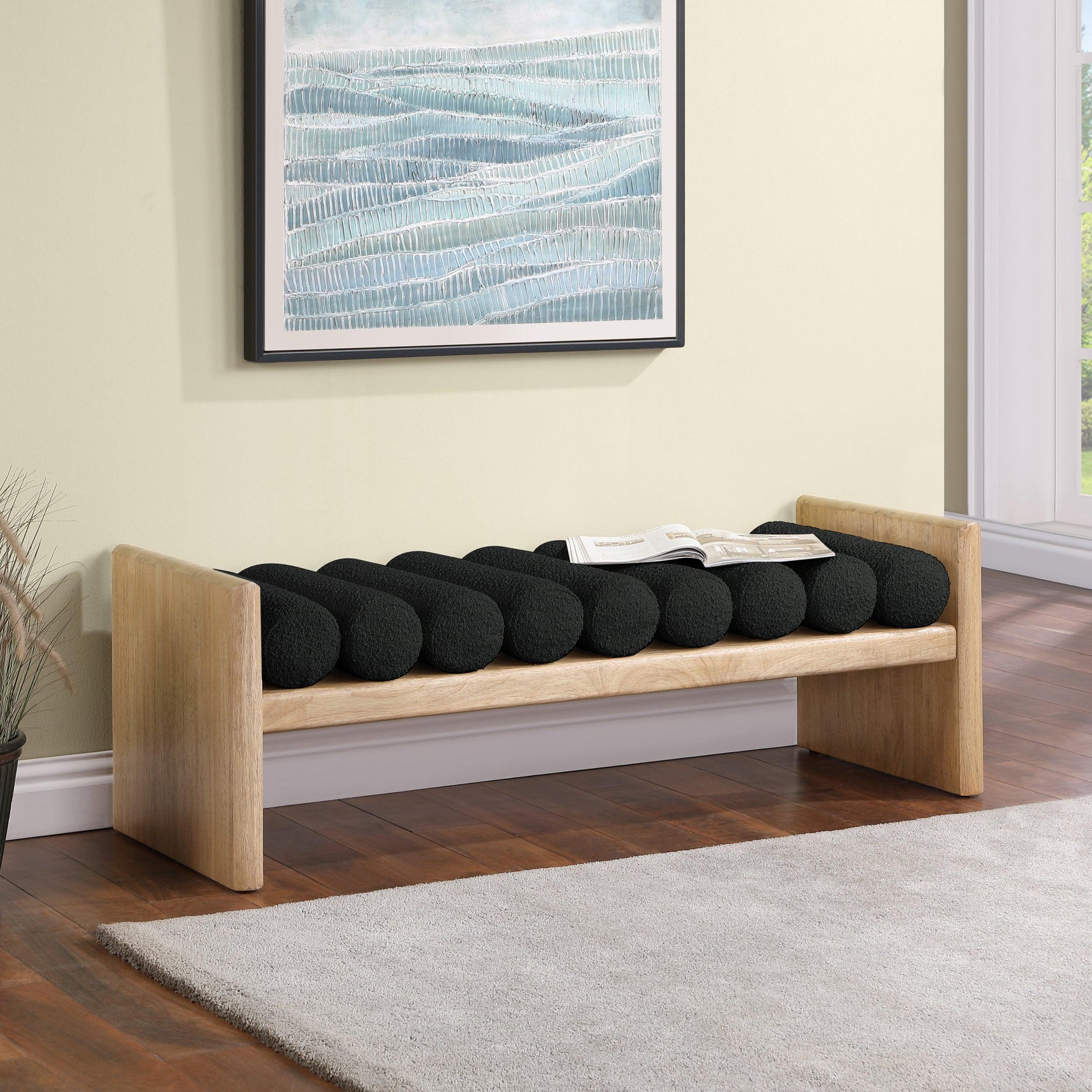 Waverly Black Boucle Fabric Bench 179Black - Ella Furniture