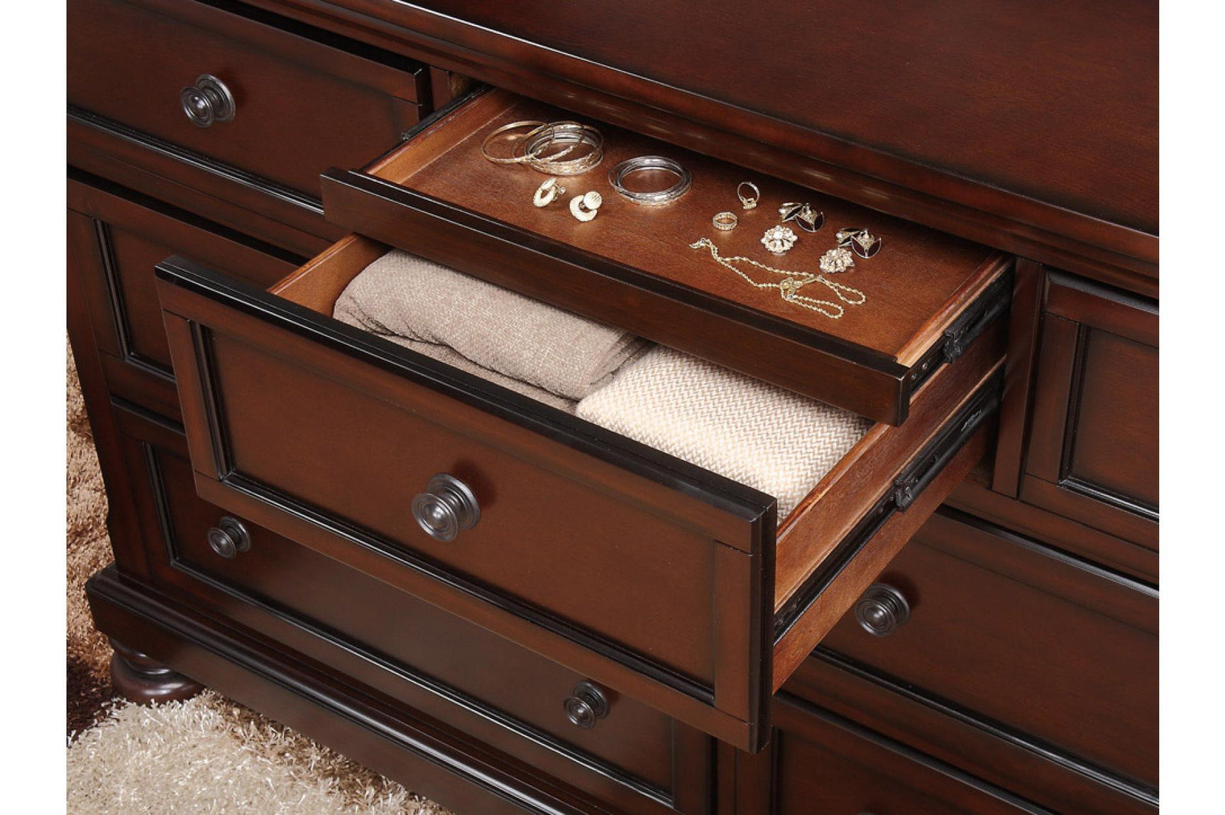 Cumberland Brown Cherry Transitional Traditional Wood Birch Veneer Storage Panel Bedroom Set - Ella Furniture