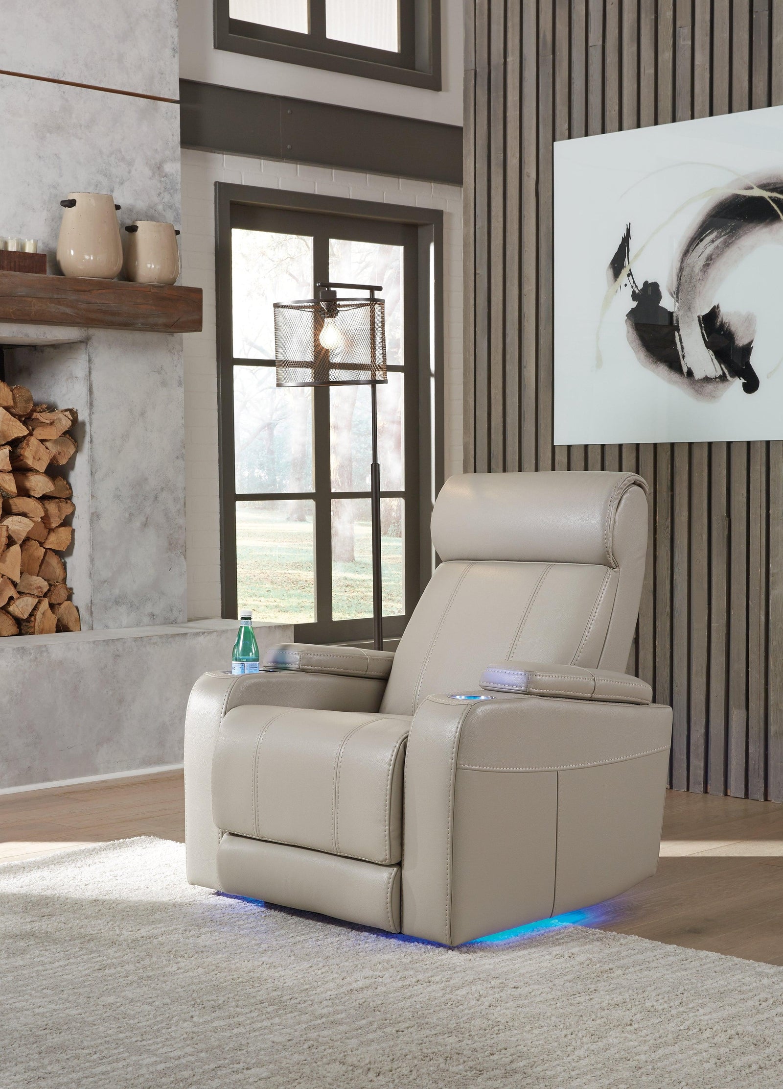 Screen Time Stone Faux Leather Power Recliner - Ella Furniture