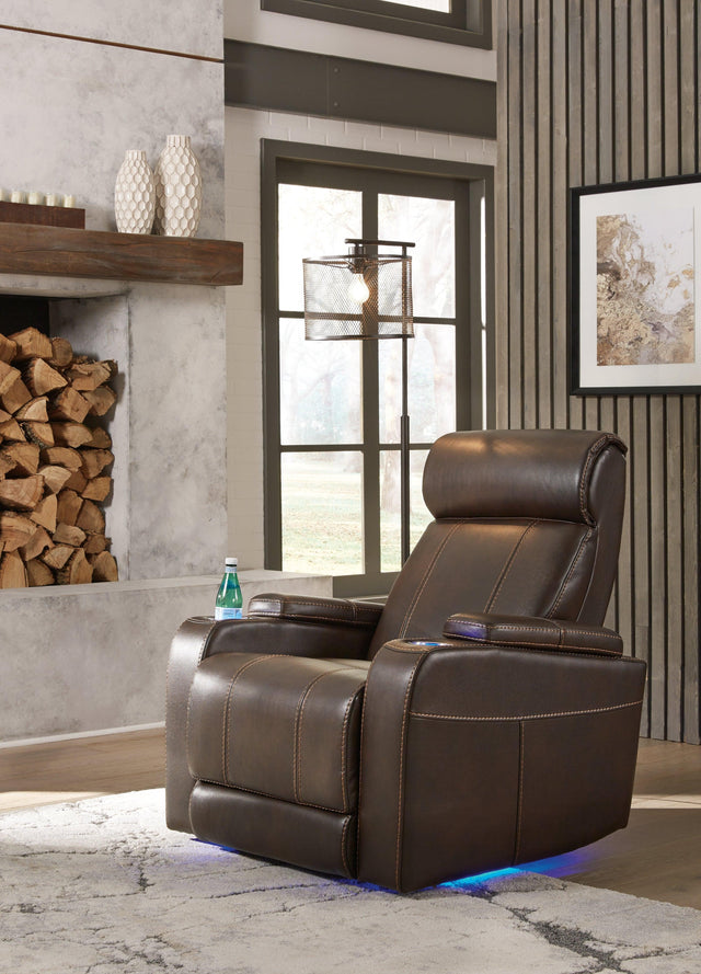 Screen Time Walnut Faux Leather Power Recliner - Ella Furniture