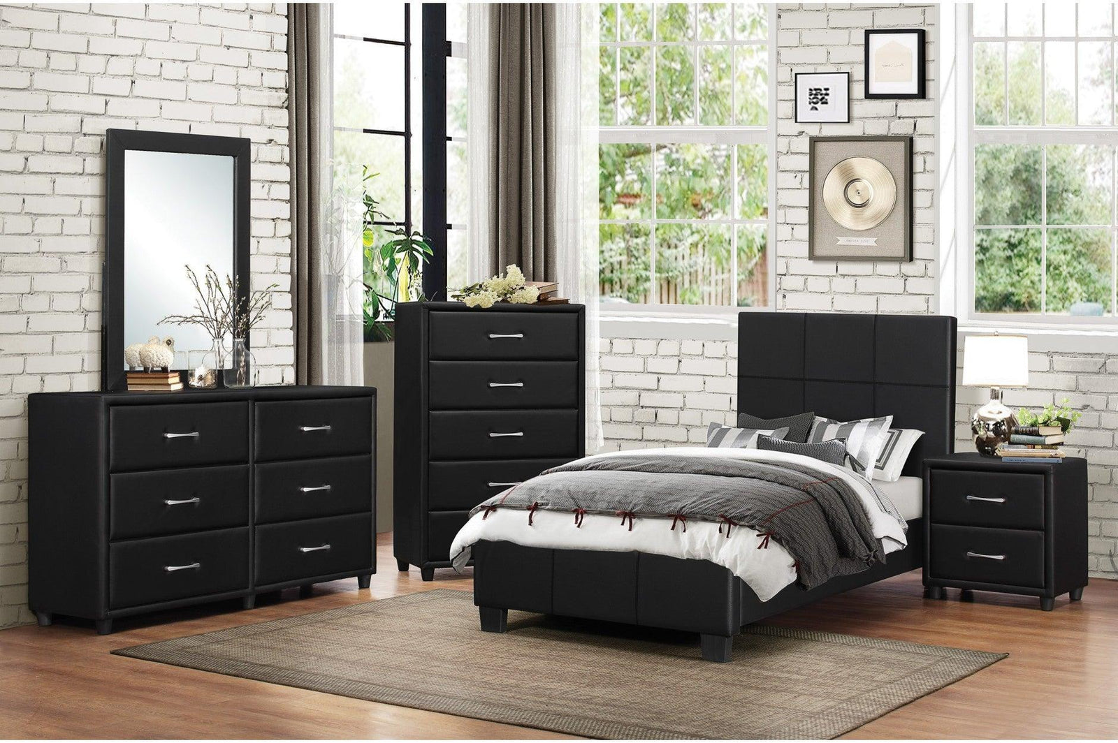 Lorenzi Black Contemporary Solid Wood Plywood Faux Leather Upholstered Youth Panel Bedroom Set - Ella Furniture