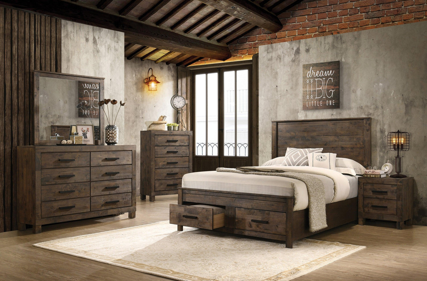Woodmont Eastern King Storage Bed Rustic Golden Brown - Ella Furniture