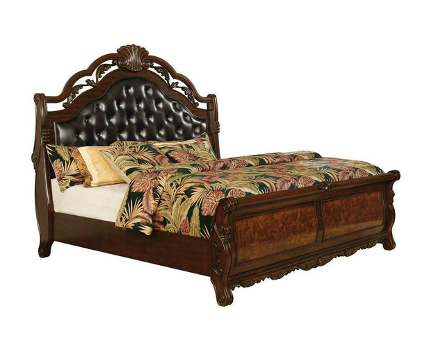 Exeter Eastern King Tufted Upholstered Sleigh Bed Dark Burl - Ella Furniture