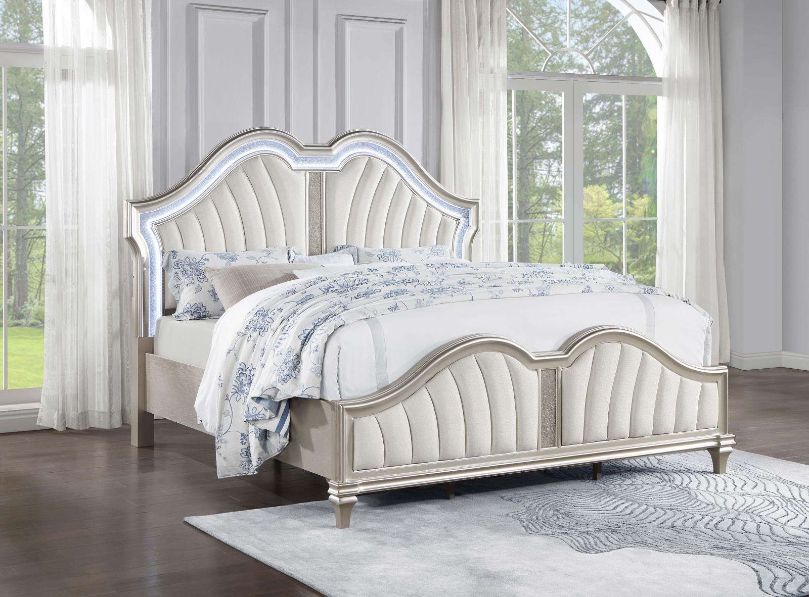 Evangeline Tufted Upholstered Platform Eastern King Bed Ivory And Silver Oak - Ella Furniture