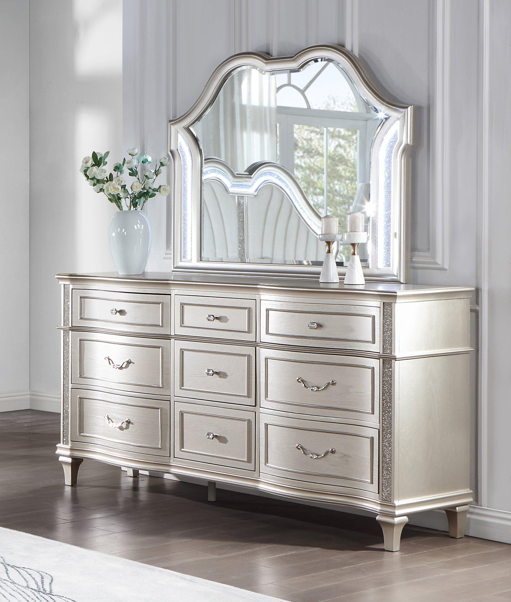 Evangeline 9-Drawer Dresser Silver Oak - Ella Furniture