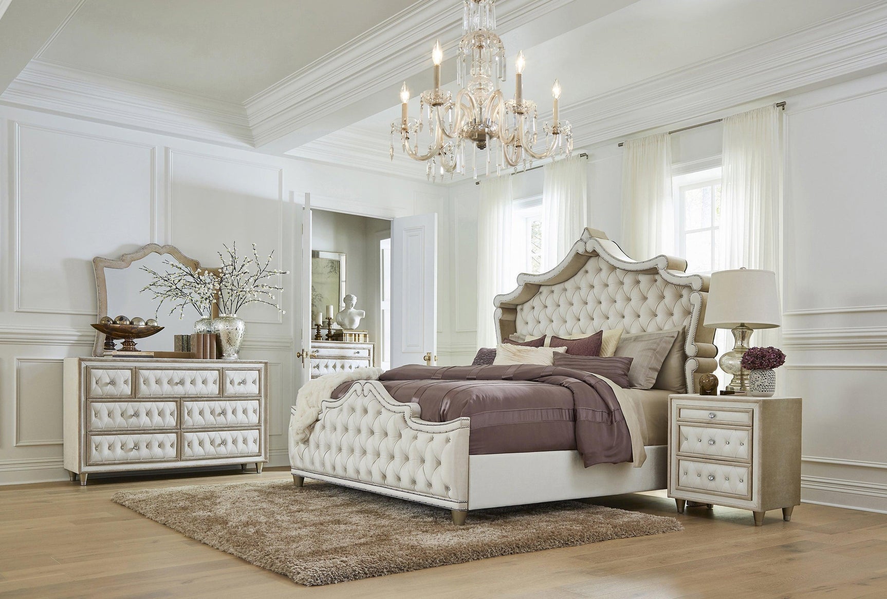 Antonella Upholstered Tufted Eastern King Bed Ivory And Camel - Ella Furniture