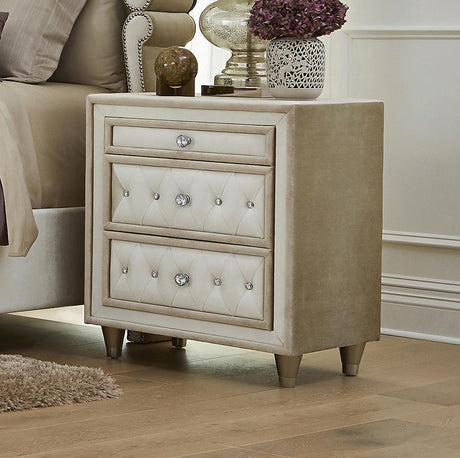 Antonella 3-Drawer Upholstered Nightstand Ivory And Camel - Ella Furniture