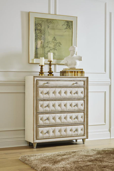 Antonella 5-Drawer Upholstered Chest Ivory And Camel - Ella Furniture