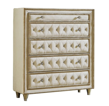 Antonella 5-Drawer Upholstered Chest Ivory And Camel - Ella Furniture