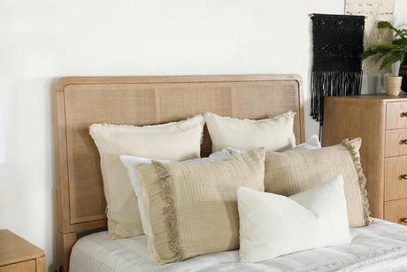Arini Upholstered Eastern King Panel Bed Sand Wash And Natural Cane - Ella Furniture