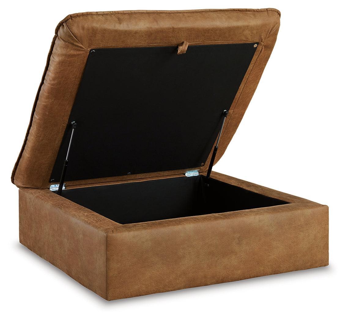 Marlaina Caramel Faux Leather Ottoman With Storage - Ella Furniture