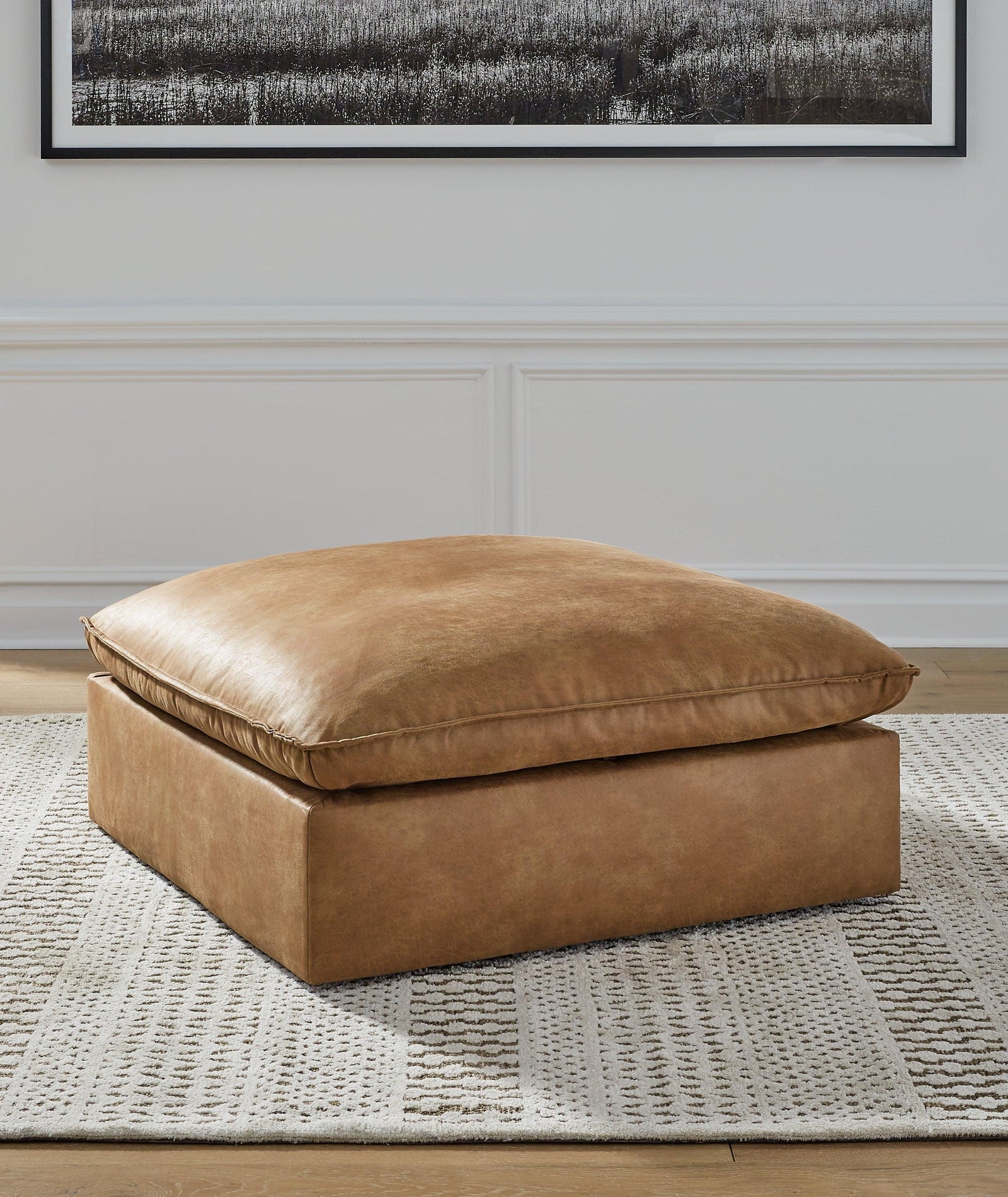 Marlaina Caramel Faux Leather Ottoman With Storage - Ella Furniture