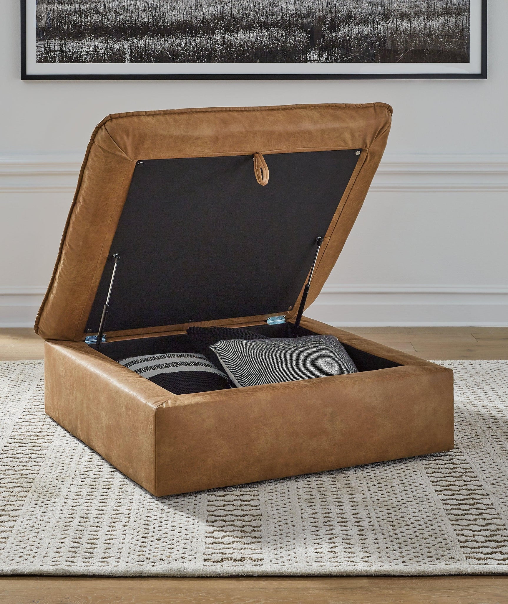 Marlaina Caramel Faux Leather Ottoman With Storage - Ella Furniture