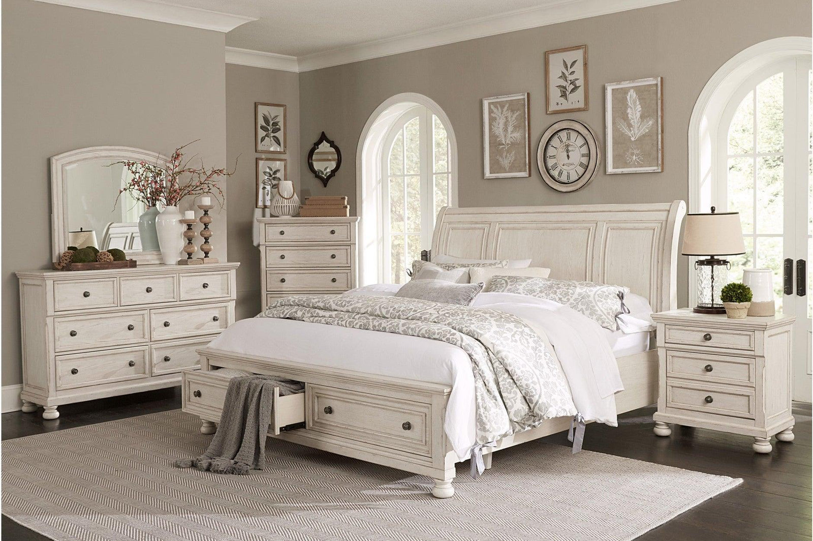 Bethel Antique White Modern Classic Transitional Solid Wood Sleigh Storage Bedroom Set - Ella Furniture