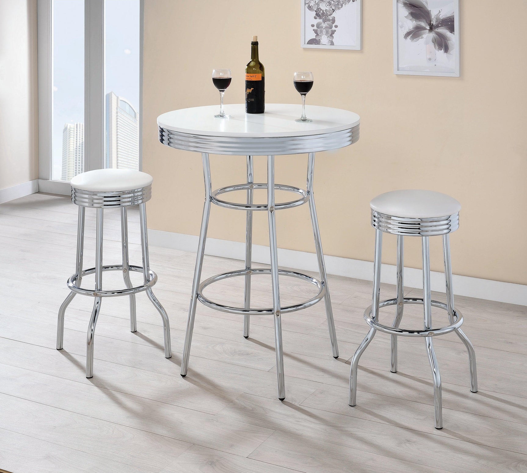 Theodore Round Bar Table Chrome And Glossy White - Ella Furniture