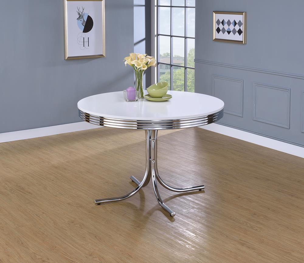 Retro Round Dining Table Glossy White And Chrome - Ella Furniture