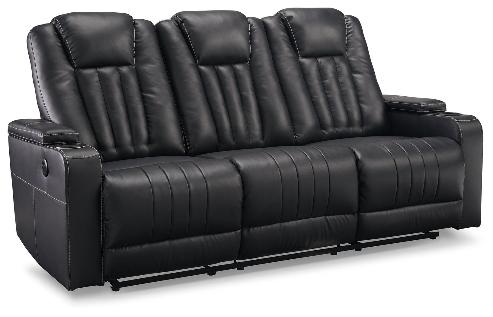 Center Point Black Faux Leather Reclining Sofa With Drop Down Table - Ella Furniture