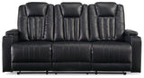 Center Point Black Faux Leather Reclining Sofa With Drop Down Table - Ella Furniture