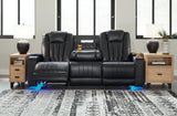 Center Point Black Faux Leather Reclining Sofa With Drop Down Table - Ella Furniture