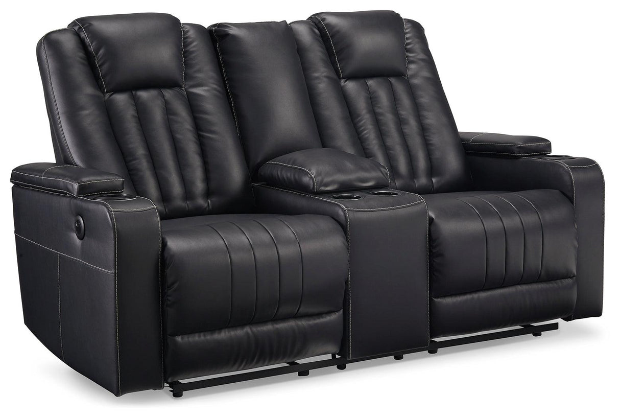 Center Point Black Faux Leather Reclining Loveseat With Console - Ella Furniture