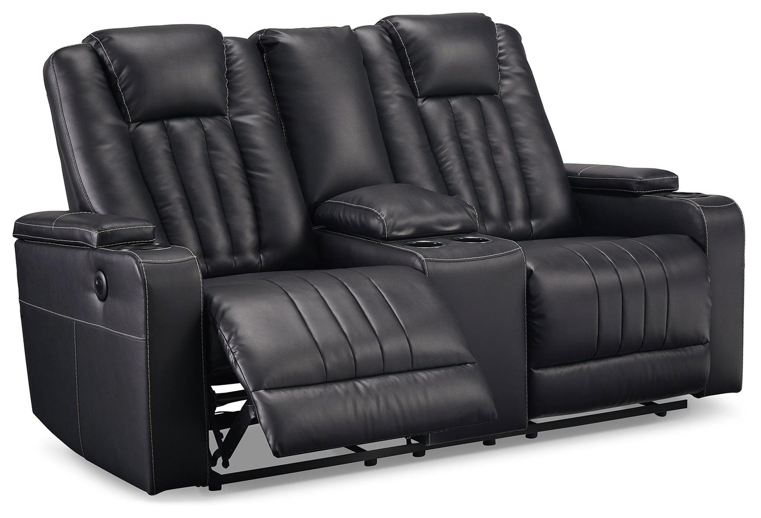 Center Point Black Faux Leather Reclining Loveseat With Console - Ella Furniture