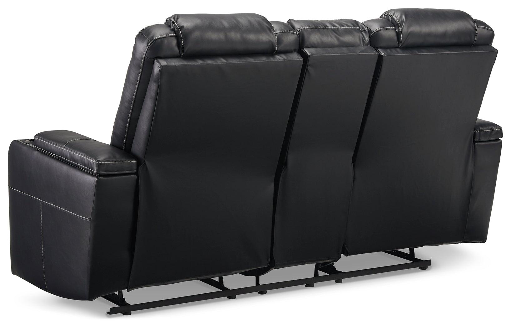 Center Point Black Faux Leather Reclining Loveseat With Console - Ella Furniture