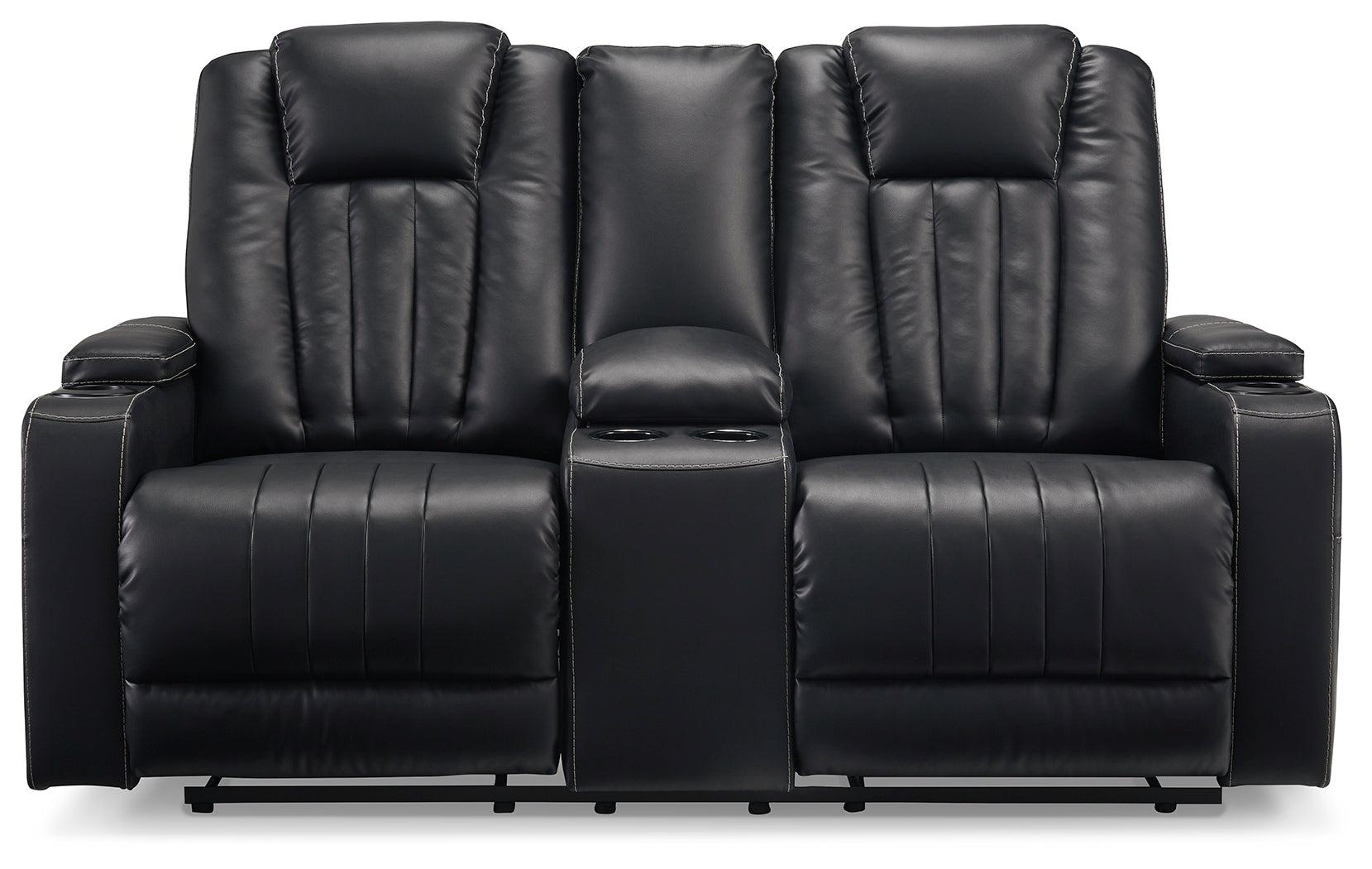 Center Point Black Faux Leather Reclining Loveseat With Console - Ella Furniture