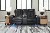 Center Point Black Faux Leather Reclining Loveseat With Console - Ella Furniture