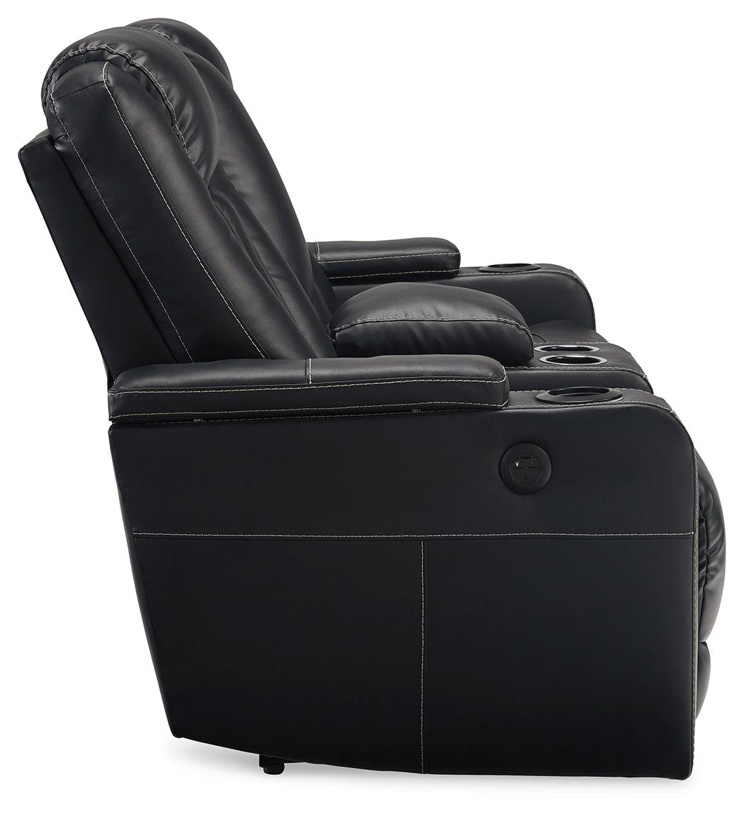 Center Point Black Faux Leather Reclining Loveseat With Console - Ella Furniture