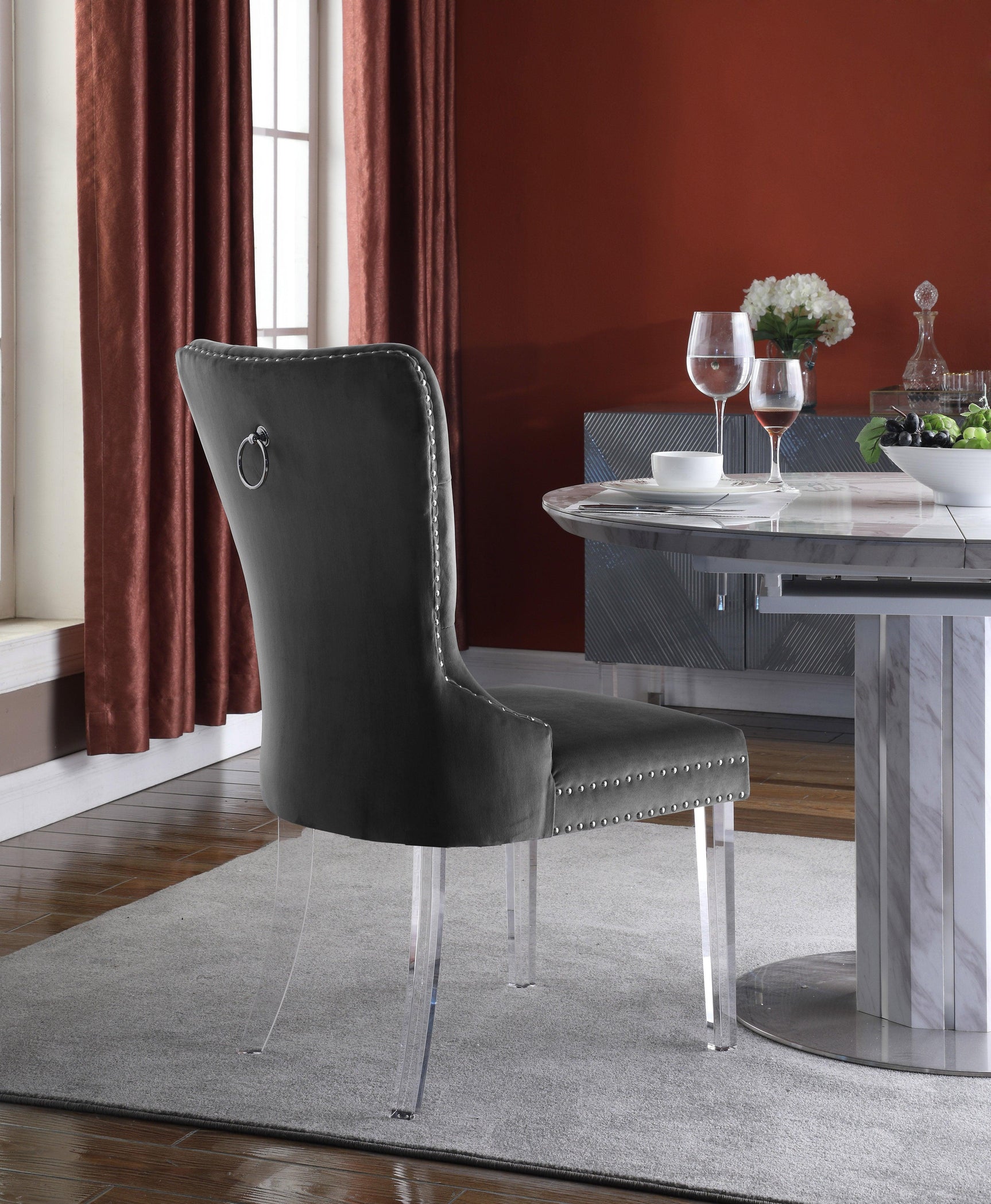 Miley Grey Velvet Dining Chair With Acrylic Legs - Ella Furniture