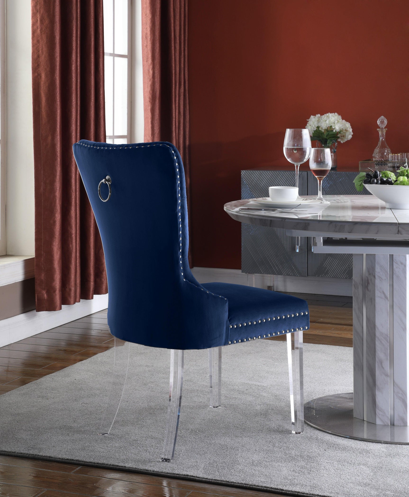 Miley Blue Velvet Dining Chair With Acrylic Legs - Ella Furniture