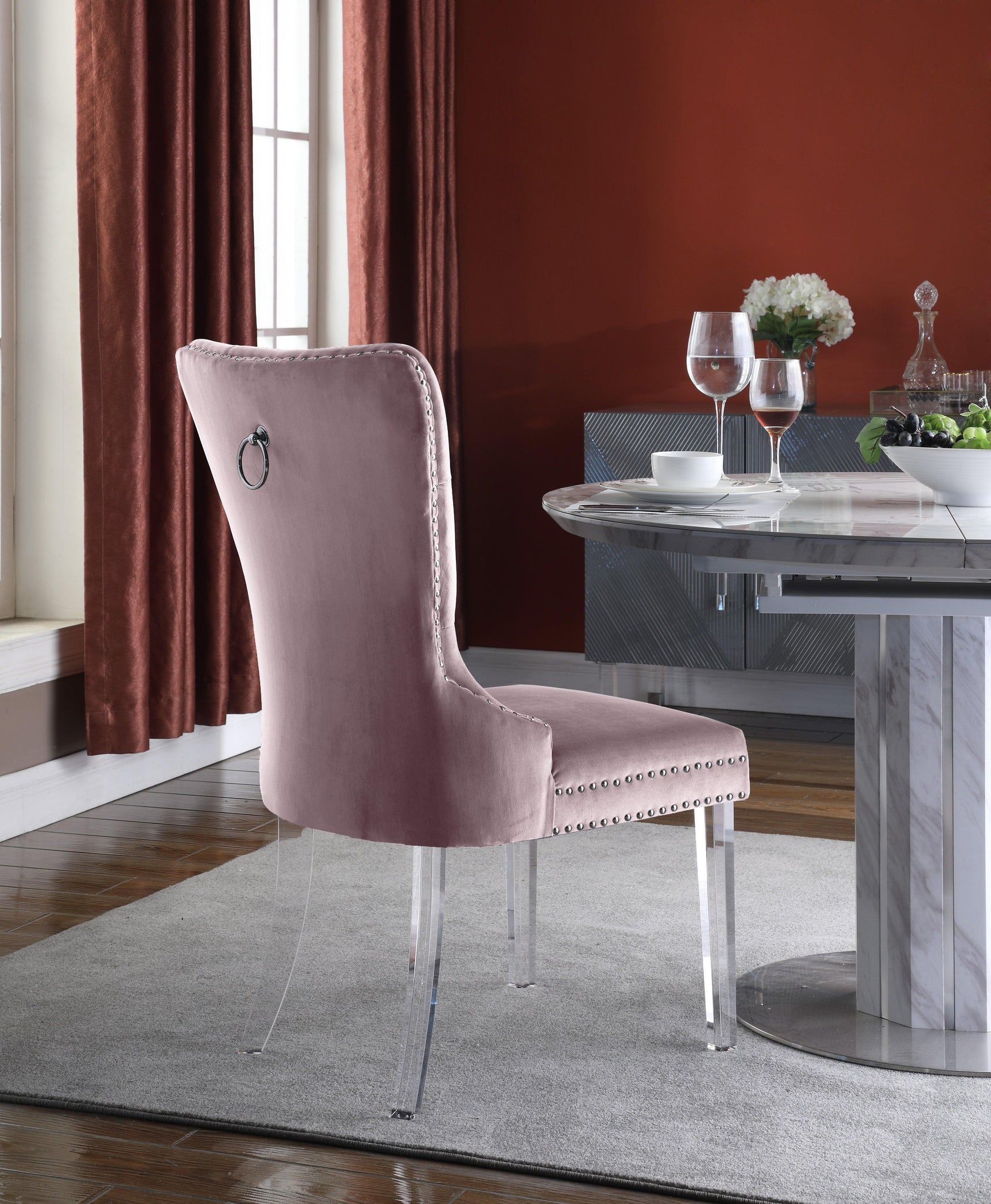 Miley Pink Velvet Dining Chair With Acrylic Legs - Ella Furniture
