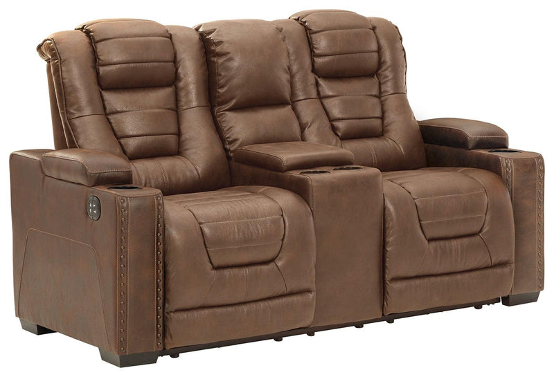 Owner's Box Thyme Faux Leather Power Reclining Loveseat With Console - Ella Furniture