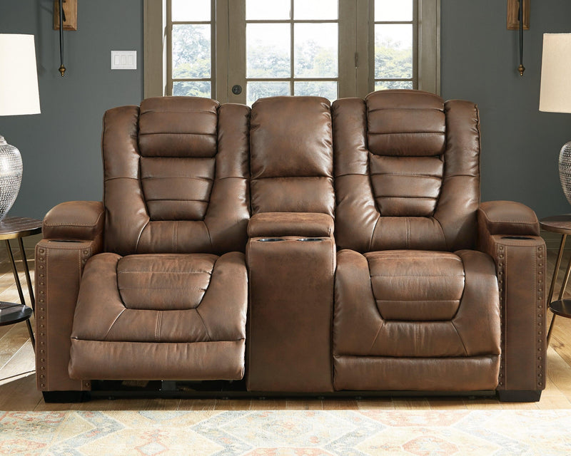 Owner's Box Thyme Faux Leather Power Reclining Loveseat With Console - Ella Furniture
