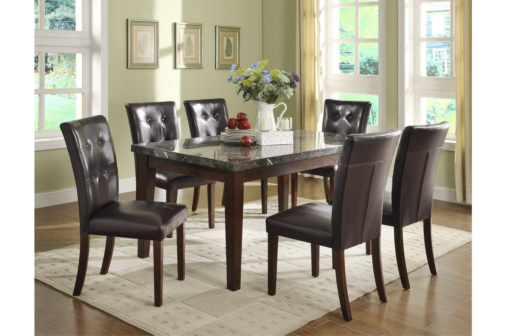 Decatur Dark Cherry, Dark Brown Solid Wood Tufted Seat Faux Marble TopRectangular Dining Room Set - Ella Furniture