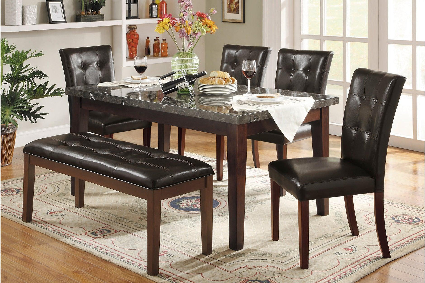 Decatur Dark Cherry, Dark Brown Solid Wood Tufted Seat Faux Marble TopRectangular Dining Room Set - Ella Furniture