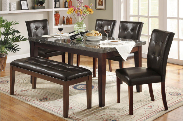 Decatur Dark Cherry, Dark Brown Solid Wood Tufted Seat Faux Marble TopRectangular Dining Room Set - Ella Furniture
