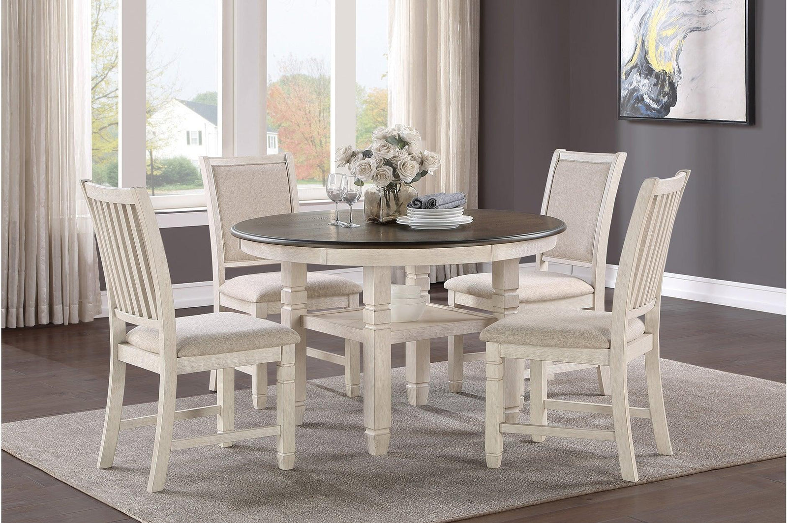 Asher Antique White, Light Brown Solid Wood Fabric Upholstered Seat Round Dining Room Set - Ella Furniture