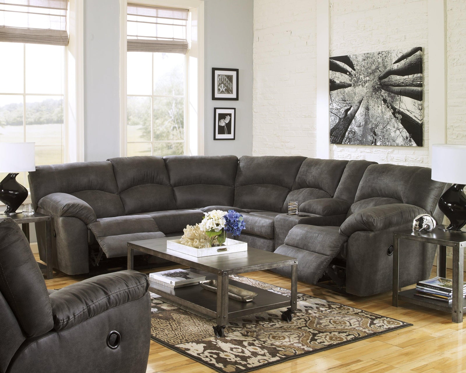 Tambo Pewter Faux Leather 2-Piece Reclining Sectional - Ella Furniture