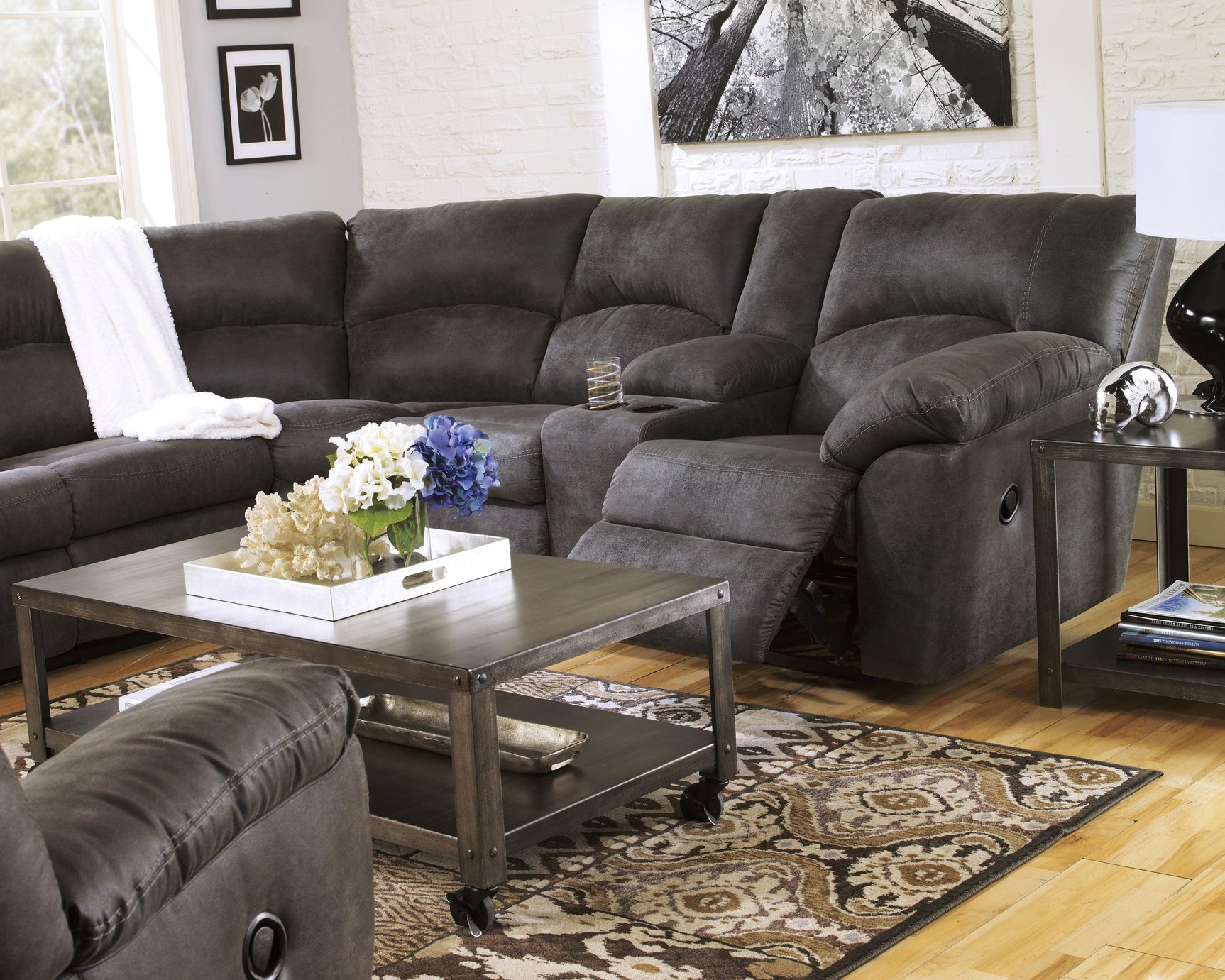 Tambo Pewter Faux Leather 2-Piece Reclining Sectional - Ella Furniture