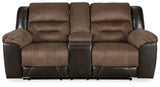 Earhart Chestnut Microfiber Reclining Loveseat With Console - Ella Furniture