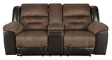 Earhart Chestnut Microfiber Reclining Loveseat With Console - Ella Furniture