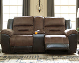 Earhart Chestnut Microfiber Reclining Loveseat With Console - Ella Furniture